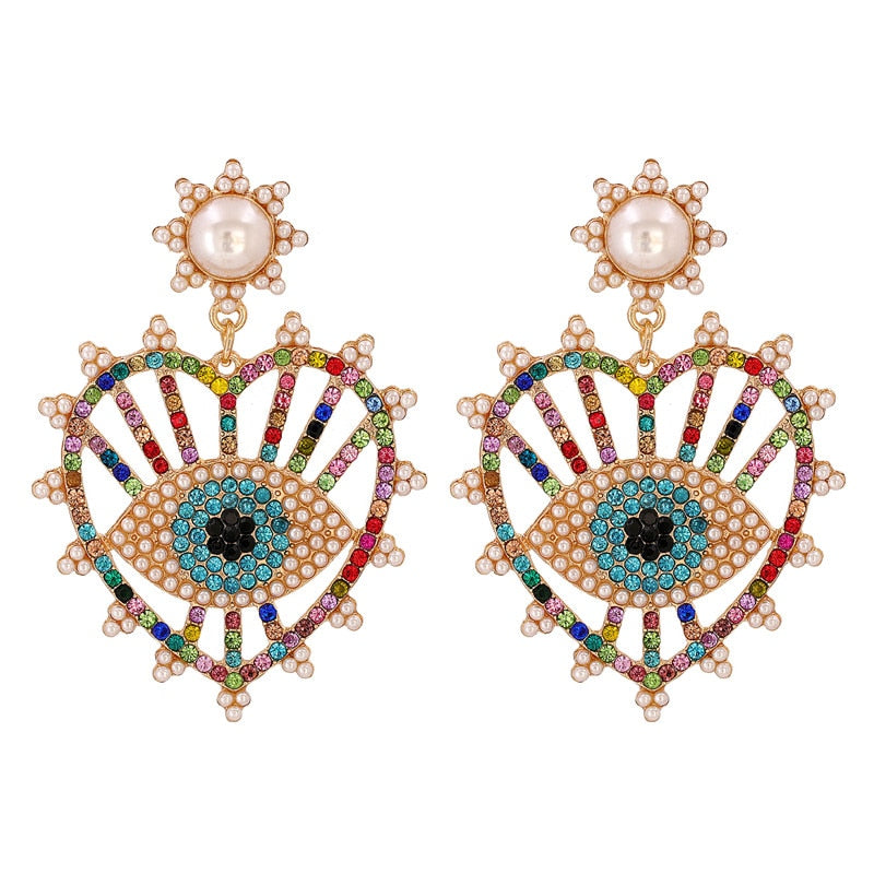 JUJIA Trendy Ethnic Love Heart Shape Evil Eye Drop Earrings For Women Vintage Statement Crystal Dangle Earring Jewelry Gift