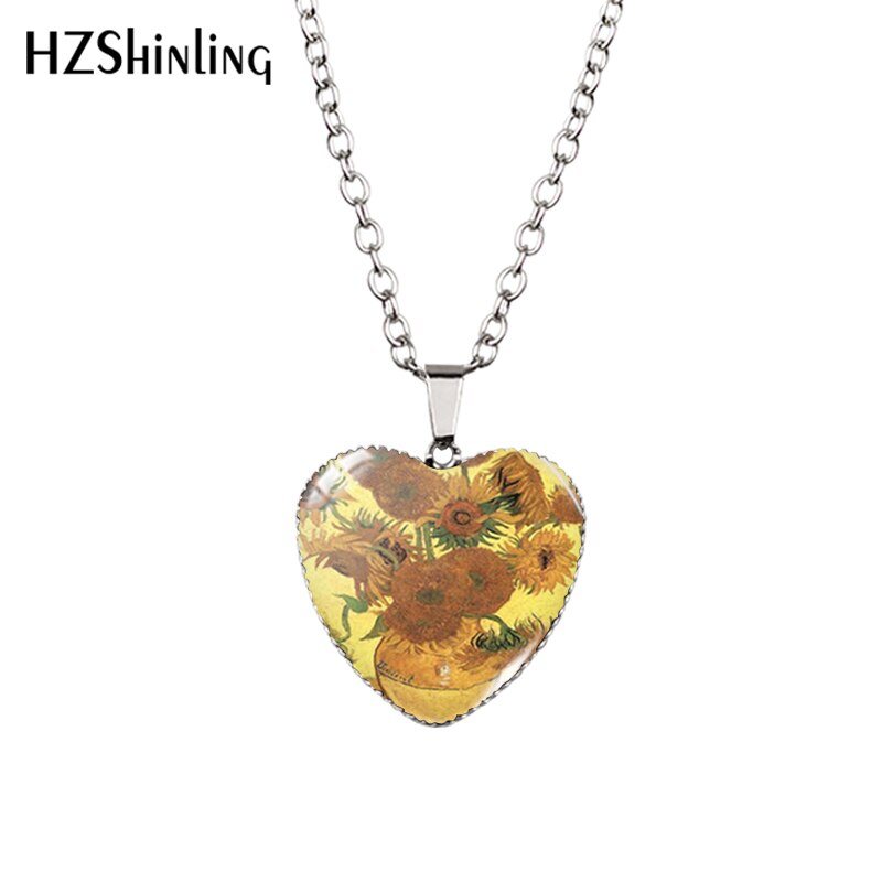 Sunflower Heart Necklace Yellow Sunflower Pendant Glass Picture Jewelry Fashion Heart Necklace HZ3