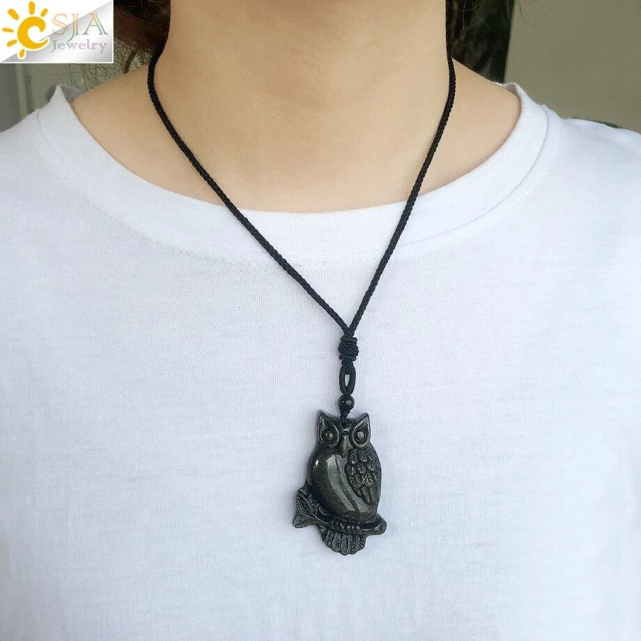 CSJA Obsidian Necklace Natural Stone Wolf Buddha Sculpture Tree of Life Animal Owl Men Necklaces Pendant Meditation Jewelry G644 - Charlie Dolly