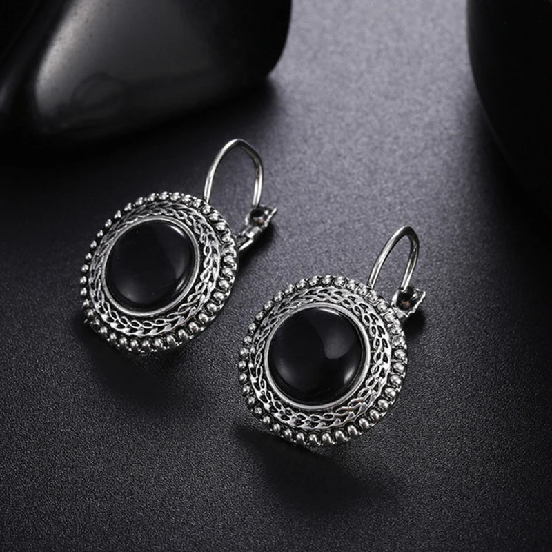 Tibetan Silver Opal Carved Long Earrings Jewelry