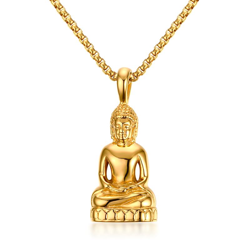 Mens Buddha Pendant Necklace Bodhisattva Amulet Talisman Necklaces in Gold-color Stainless Steel Fashion Men Jewelry collares