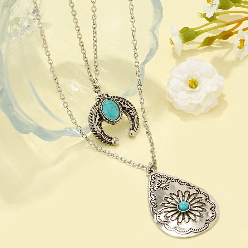 JK439FJ December Birthstone Boho Style Turquoise Necklace Double-layer Wedding Gift Item Waterdrop Flower Carved Turquoise Stone