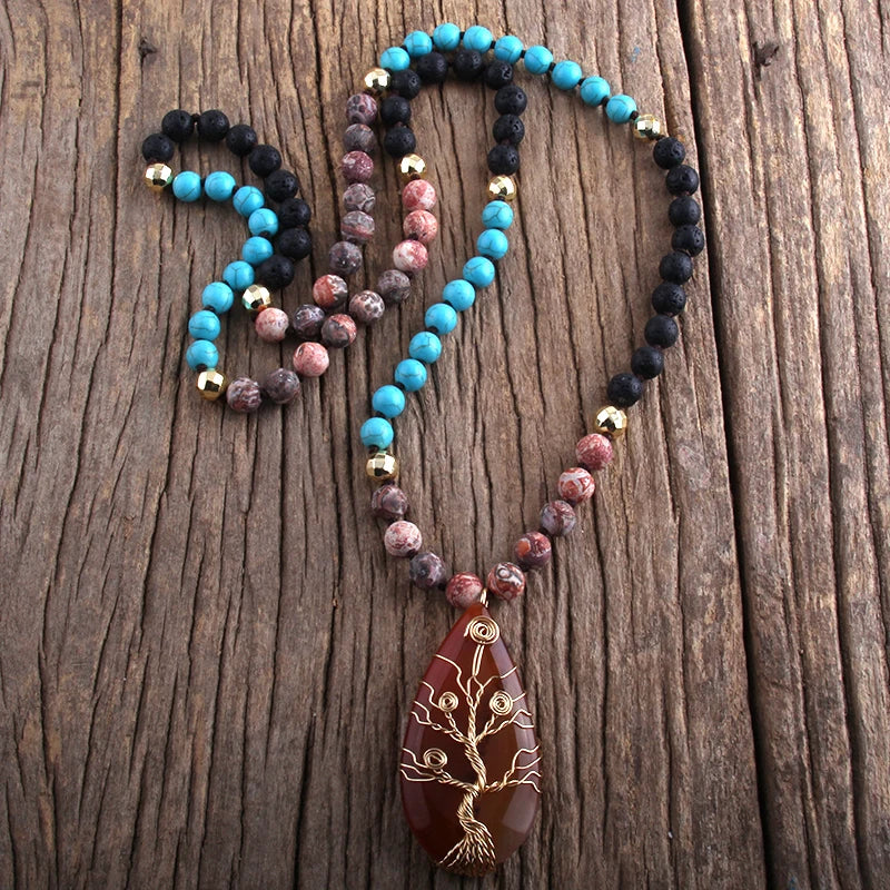 Fashion Bohemian Jewelry Natural Stones /Glass Crystal Knotted With Semi Precious Pendant Boho Necklace Women Gift - Charlie Dolly