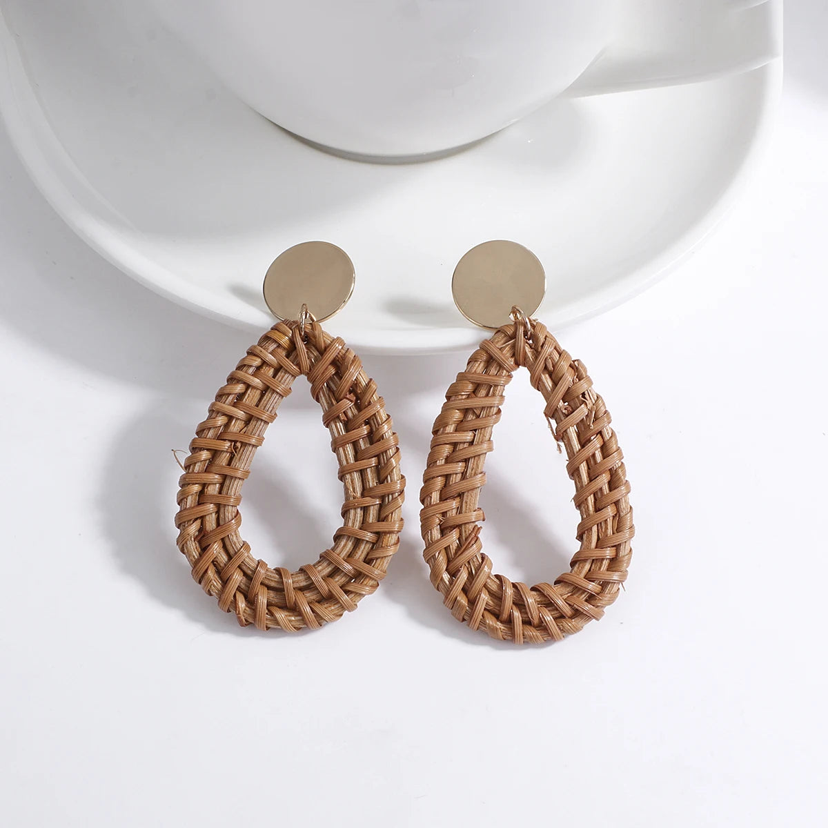 Wooden Rattan Braid Geometric Drop Earrings Jewelry