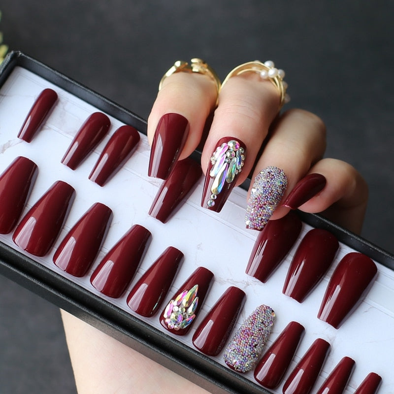 pink coffin crystal bling false nails Acrylic nails ballet caviar Design nails Custom logo with Adhesive tabs sticker