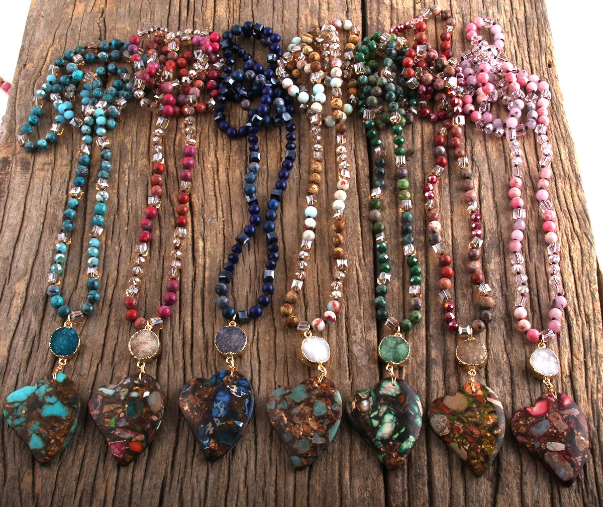 Fashion Bohemian Jewelry Boho Gift Natural Stones With Druzy Links Heart Stone Pendant Necklaces For Women - Charlie Dolly