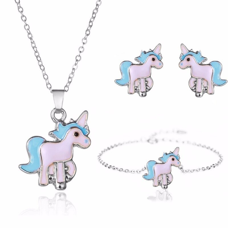 4pcs/set Necklace Earrings Cartoon Unicorn Necklace Earring Jewelry Pink Girls Gift Jewelry Jewelry Earring and Necklace Set
