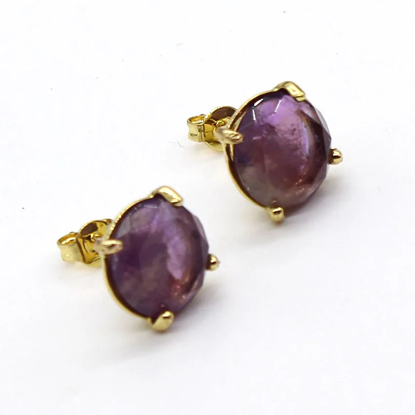 Crystal Stud Earrings for Women Girls Waterdrop Round Oval Shape Natural Lapis Lazuli Amethyst Faceted Stone Earring Jewelry - Charlie Dolly