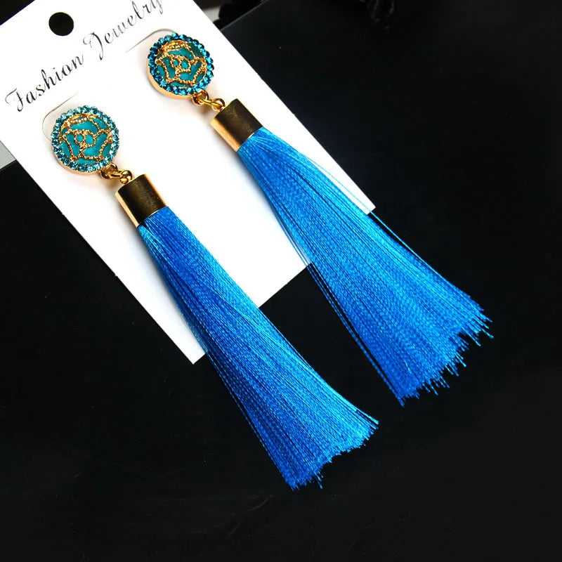 Silk Rose Flower Crystal Long Tassel Earrings Jewelry