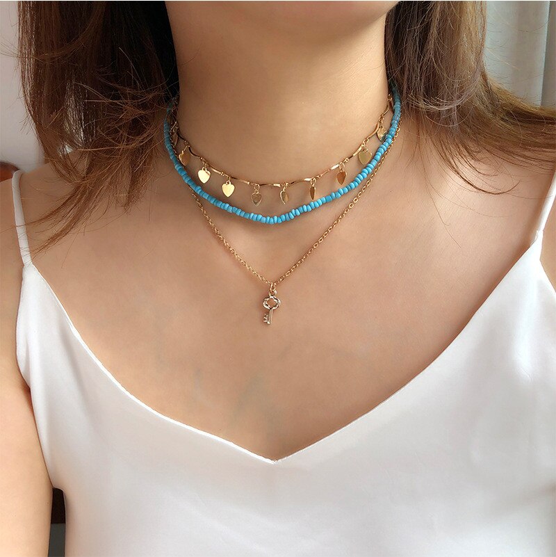 3 PCS OFF 10% Bohemian Colorful Seed Beads Necklace Long Horn Pendant Starfish Multi-layer Pearl Necklace Set For Women Jewelry