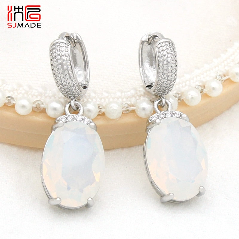 SHENJIANG New Fashion Oval Large Pink Opal Dangle Earrings For Women Wedding Jewelry 585 Rose Gold Color Zirconia Eardrop