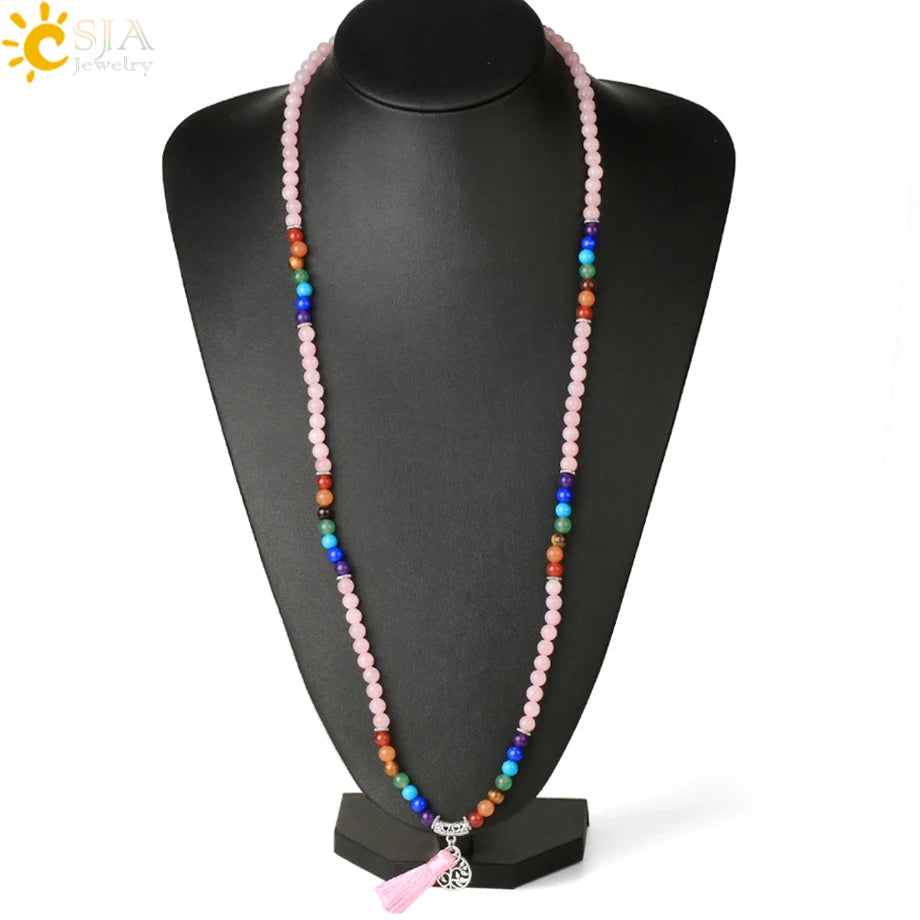 7 Chakra Natural Gem Stone Mala Tassel Long Boho Necklace