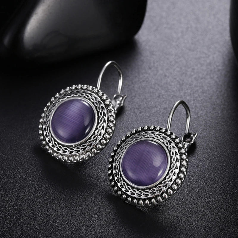 Tibetan Silver Opal Carved Long Earrings Jewelry