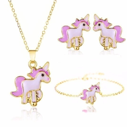 4pcs/set Necklace Earrings Cartoon Unicorn Necklace Earring Jewelry Pink Girls Gift Jewelry Jewelry Earring and Necklace Set