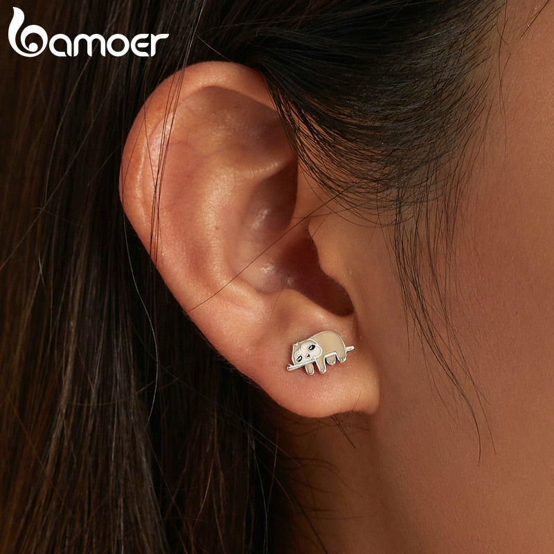 bamoer Enamel Cartoon Earrings 925 Sterling Silver Cute Little Sloth Stud Earrings for Women Girls Fine Jewelry Animal Gift
