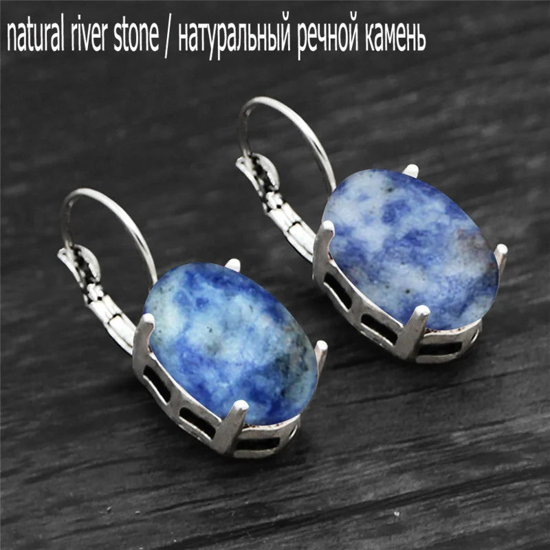 Vintage Natural Lapis Lazuli Tiger Eye Claw Cuff Earrings For Women Antique Silver Plated Natural Stone Unakite Fashion Earring - Charlie Dolly