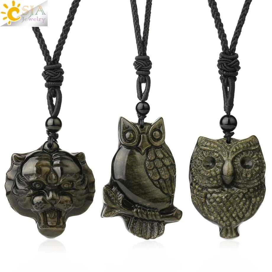 CSJA Obsidian Necklace Natural Stone Wolf Buddha Sculpture Tree of Life Animal Owl Men Necklaces Pendant Meditation Jewelry G644 - Charlie Dolly