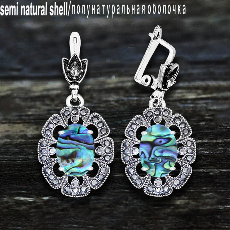 Vintage Plumflower Natural Jades Quartz Earrings For Women Antique Silver Plated Lapis Lazuli Tiger Eye Stone Fashion Earring - Charlie Dolly