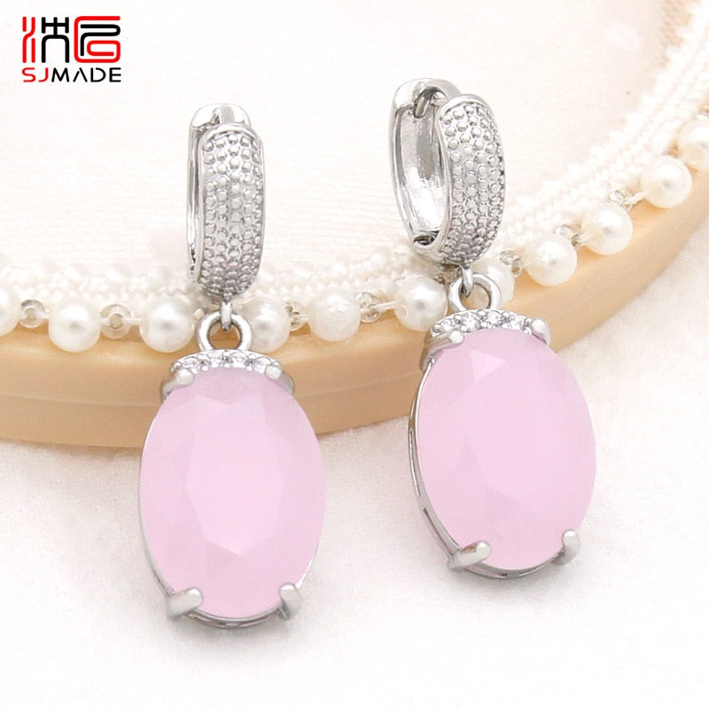 SHENJIANG New Fashion Oval Large Pink Opal Dangle Earrings For Women Wedding Jewelry 585 Rose Gold Color Zirconia Eardrop