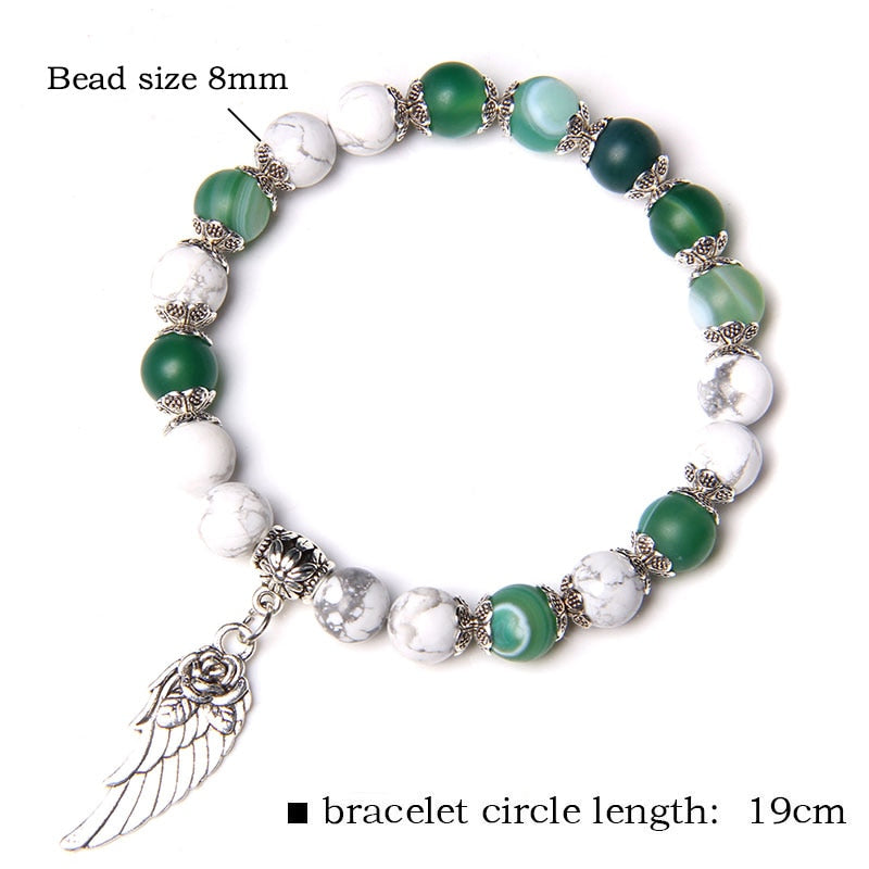 Handmade Silver Color Rose Angel Wing Pendant Bracelet Natural Pink Quartz Crystal Beads Charm Bracelet Women Romantic Jewelry