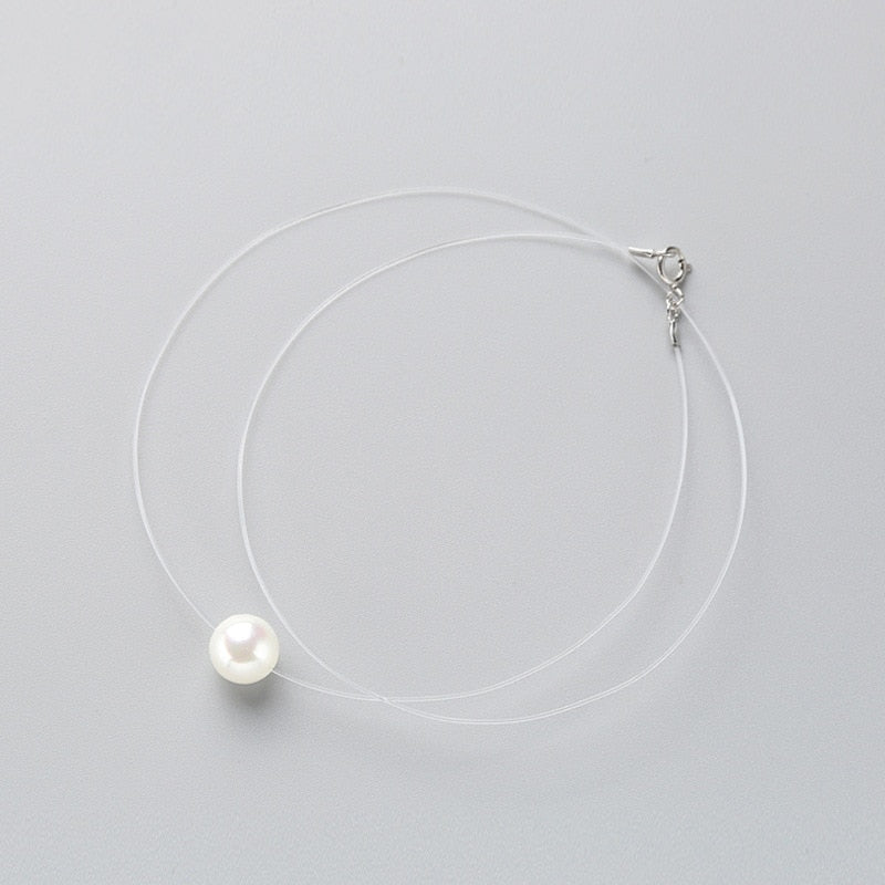 925 Sterling Silver Zircon Crystal Pearl Pendant Choker Necklace Transparent Fishing Line 2020 Fine Jewelry For Women