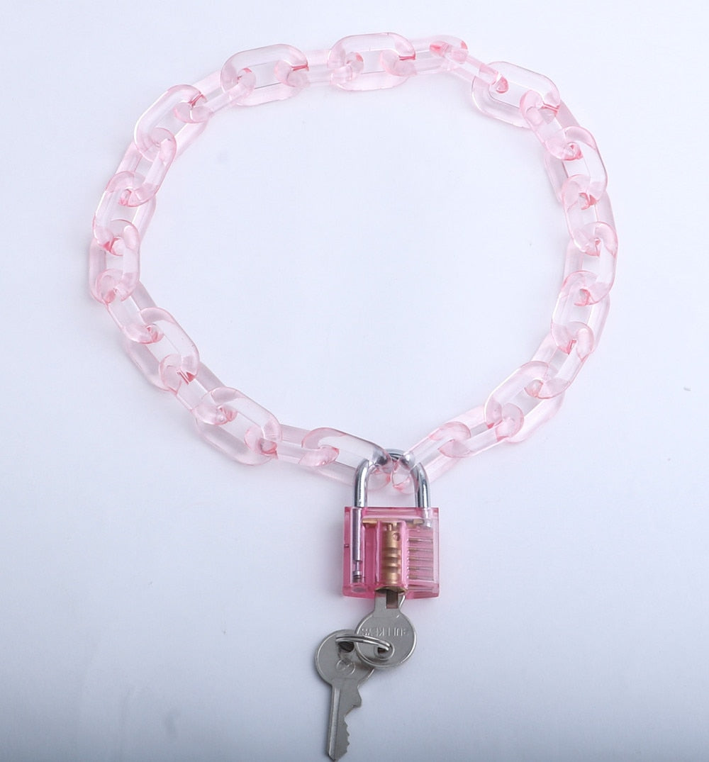 FishSheep Rock Acrylic Clear Lock Pendant Necklace For Women Pink Resin Lock Long Transparent Chain Choker Necklace 2020 Jewelry