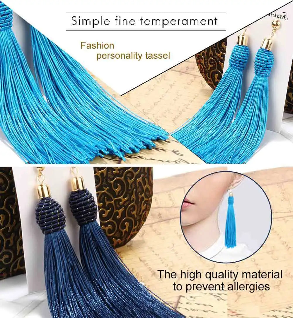 Hand Woven Silk Tassel Long Earrings Jewelry