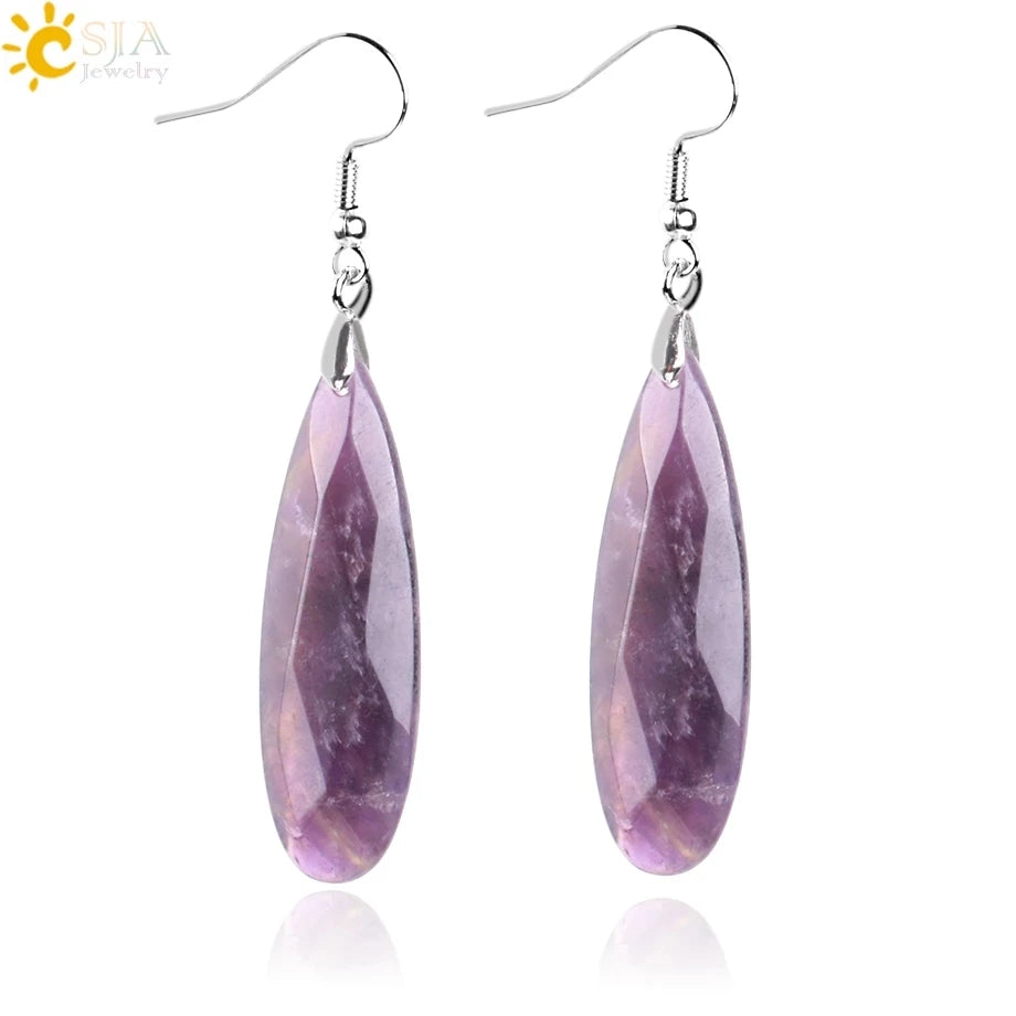 Natural Stone Polygon Drop Earrings, Reiki Gemstone Bead Vintage Boho Jewelry