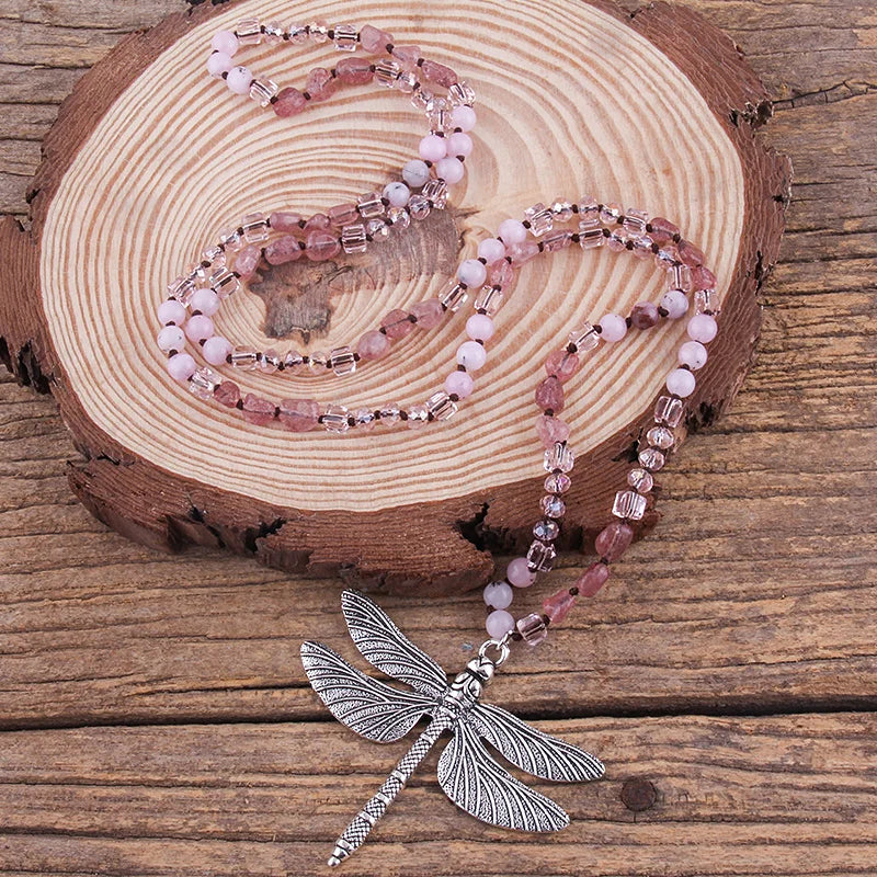 Dragonfly Knotted Stone Pendant Necklace Jewelry