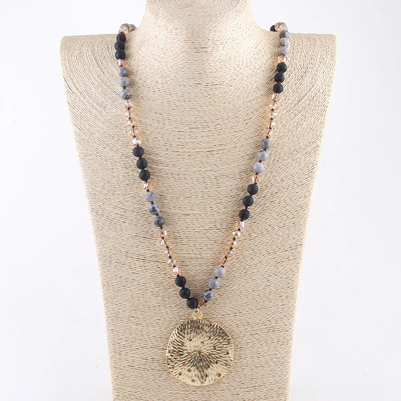 RH Fashion Bohemian Jewelry Natural Stones With Glass Links Crystal Round Pendant Necklaces For Women Boho Gift - Charlie Dolly