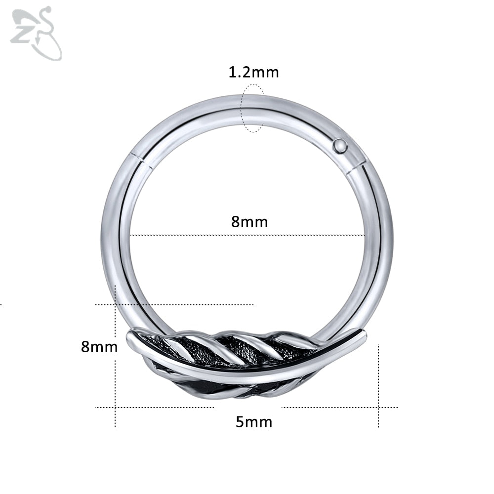ZS 1 Piece 316L Stainless Steel Nose Ring 16G Zirconia Septum Clicker Rock Ear Helix Septum Piercing Rings Piercing Jewelry 8mm