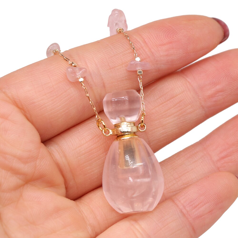 Natural Stone Perfume Bottle Necklace Pink Quartz Pendant Charms For Elegant Women Love Romantic Gift 60 CM