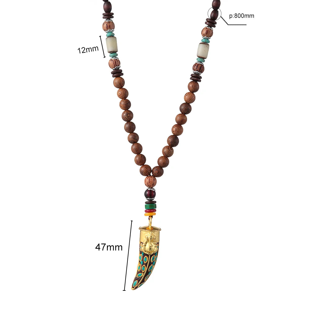Nepal Wood Bead Pendant Long Necklace Jewelry