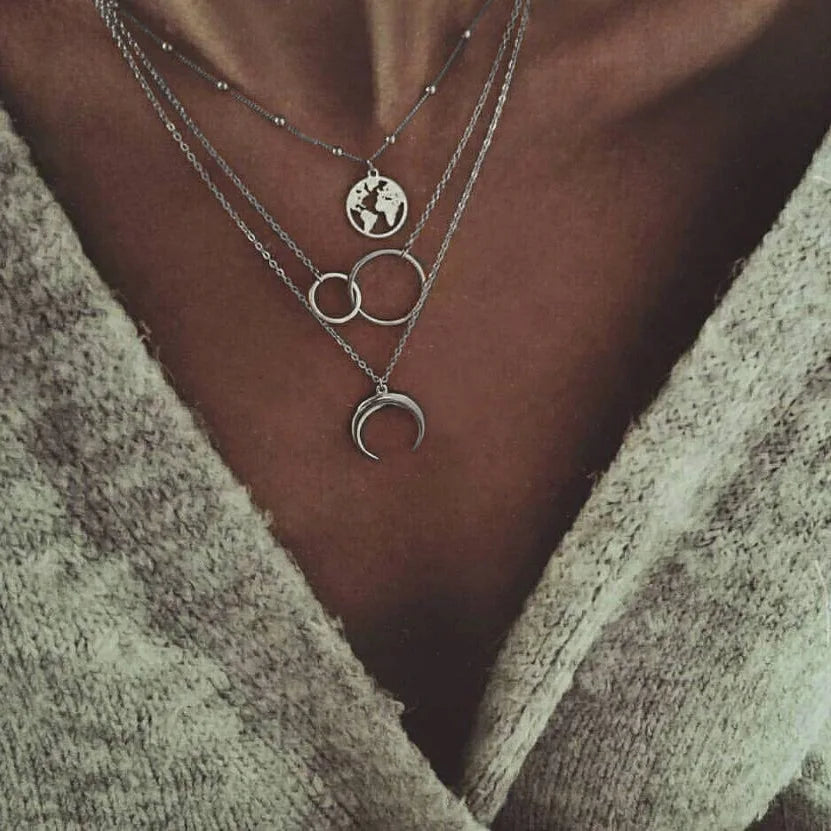 Moon Cross Tree Star Layered Choker Necklace Jewelry