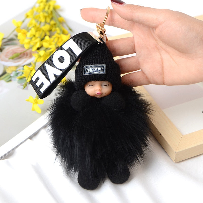 Pompom Sleeping Baby Keychain Cute Fluffy Plush Doll Keychains Women Girl Bags Keyrings Cars Key Ring Gift Charming Decoration