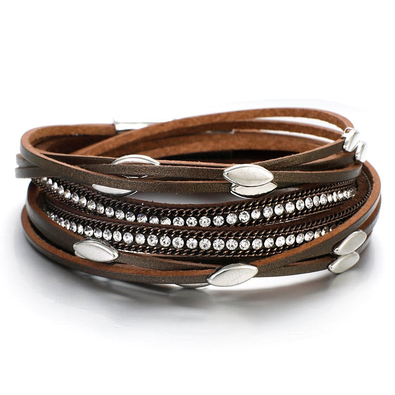 ALLYES Leaf Charm Pink Leather Bracelets for Women 2023 Fashion Crystal Chain Boho Multilayer Wrap Bracelet Femme Jewelry