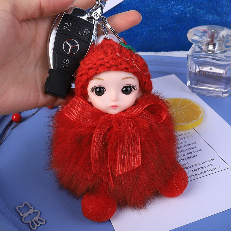 Pompom Sleeping Baby Keychain Cute Fluffy Plush Doll Keychains Women Girl Bags Keyrings Cars Key Ring Gift Charming Decoration