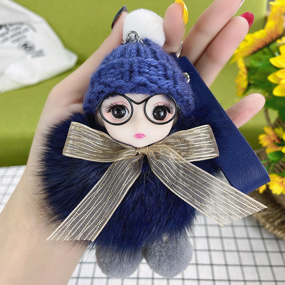 Pompom Sleeping Baby Keychain Cute Fluffy Plush Doll Keychains Women Girl Bags Keyrings Cars Key Ring Gift Charming Decoration