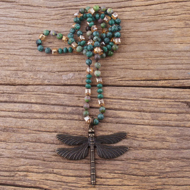 Retro Dragonfly Knotted Crystal Necklace Jewelry