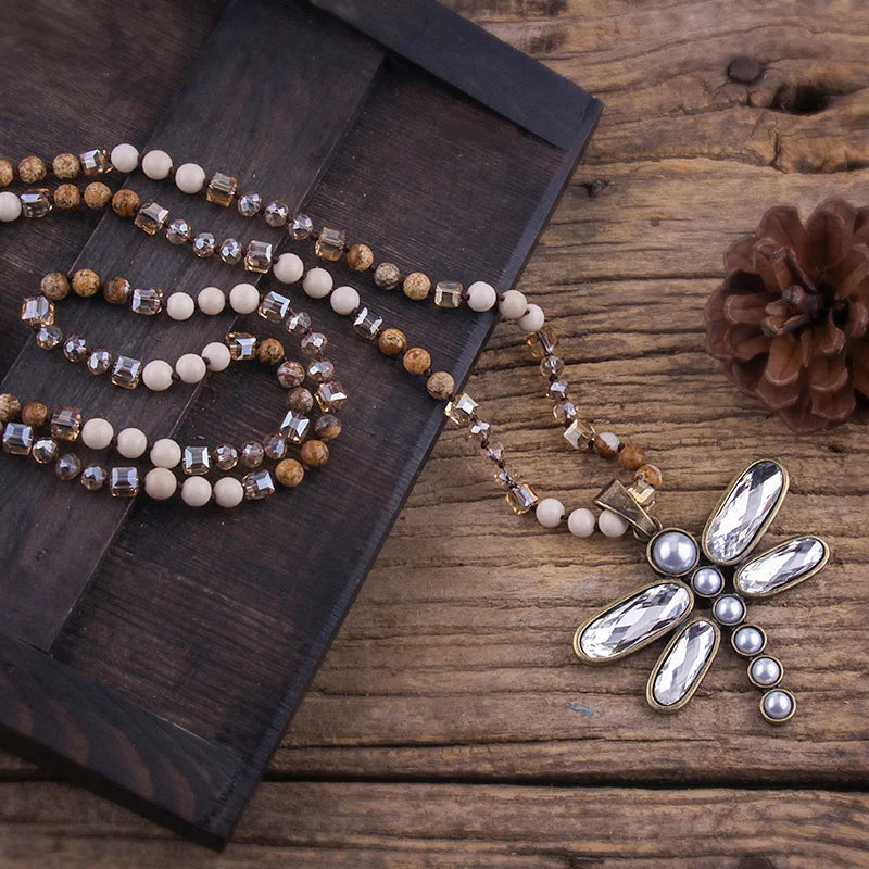 Dragonfly Long Knotted Stone Necklace Jewelry