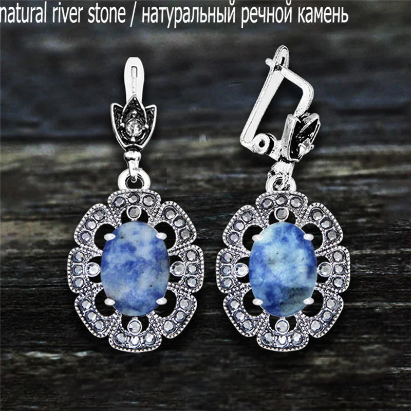 Vintage Plumflower Natural Jades Quartz Earrings For Women Antique Silver Plated Lapis Lazuli Tiger Eye Stone Fashion Earring - Charlie Dolly