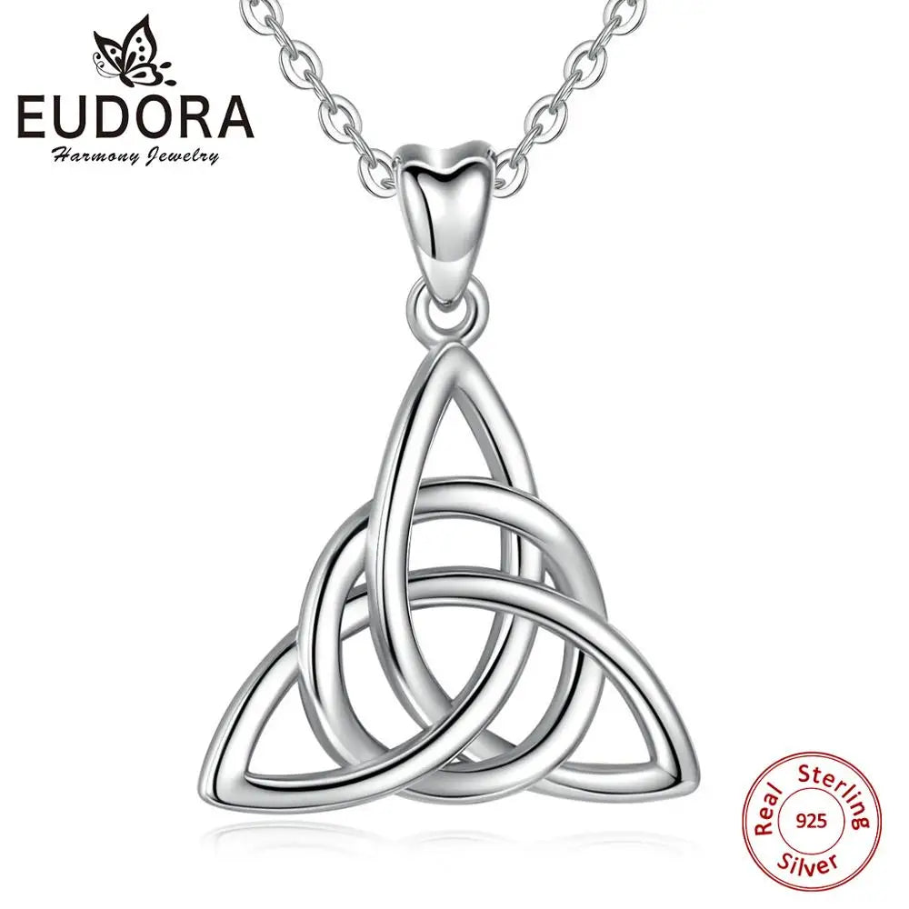 S925 Sterling Silver Celtic Knot Triangle Pendant Necklace, Purple CZ Sacred Geometry Amulet