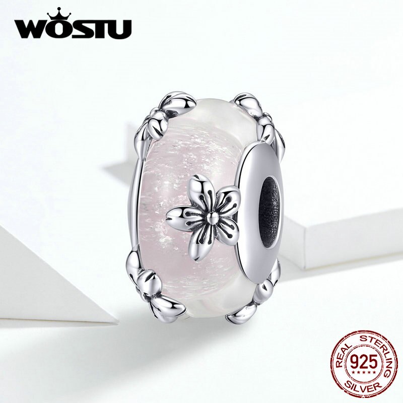 WOSTU Real 925 Sterling Silver Murano Glass Pink Beads Crystal Round Charms Fit Original Bracelet Pendant Luxury Jewelry Making