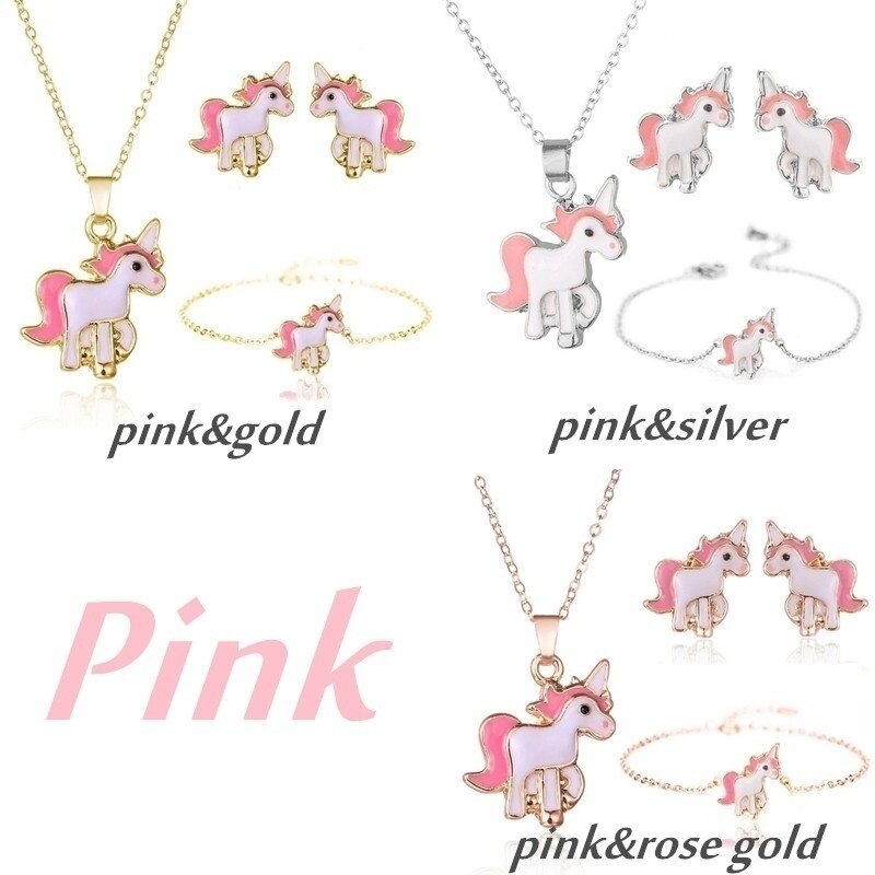4pcs/set Necklace Earrings Cartoon Unicorn Necklace Earring Jewelry Pink Girls Gift Jewelry Jewelry Earring and Necklace Set