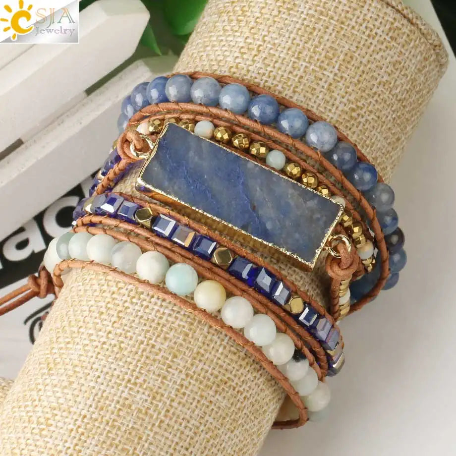 Natural Stone Multi layer Leather Bracelet for Women Blue Aventurine Crystal Hematite Bead Wrapped Bracelet 5 Boho Jewelry S564 - Charlie Dolly