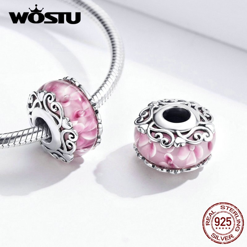 WOSTU Real 925 Sterling Silver Murano Glass Pink Beads Crystal Round Charms Fit Original Bracelet Pendant Luxury Jewelry Making
