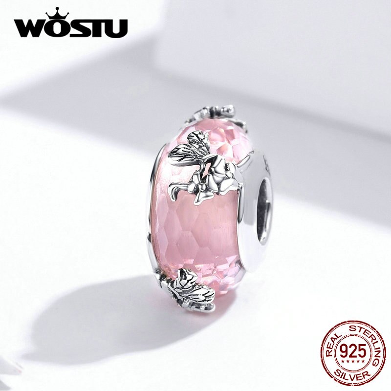WOSTU Real 925 Sterling Silver Murano Glass Pink Beads Crystal Round Charms Fit Original Bracelet Pendant Luxury Jewelry Making - Charlie Dolly