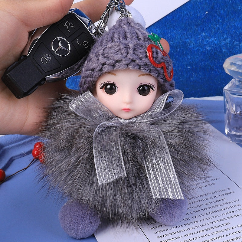 Pompom Sleeping Baby Keychain Cute Fluffy Plush Doll Keychains Women Girl Bags Keyrings Cars Key Ring Gift Charming Decoration