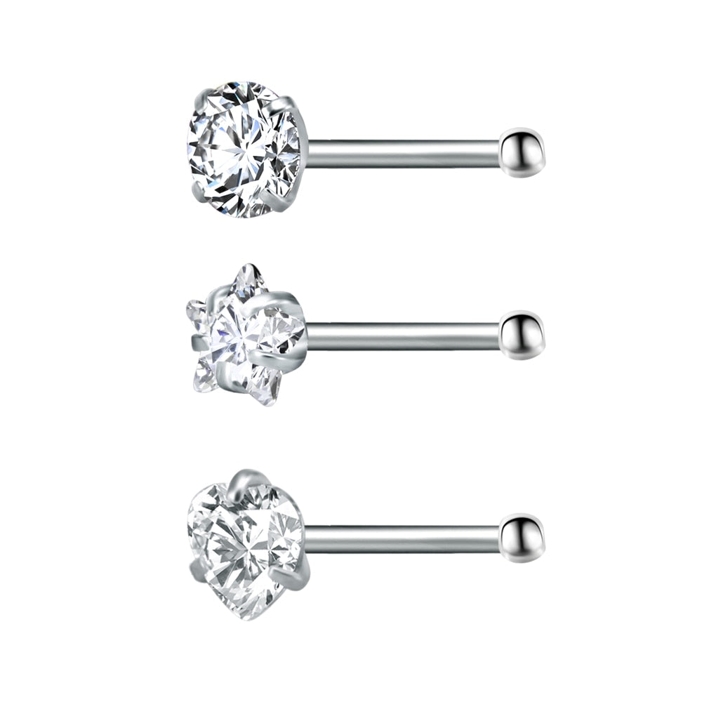 ZS 22g CZ Crystal Nose Studs Sets 12PCS/3PCS Nose Rings Studs Set Stainless Steel Nose Piercing Screws Fashion Nose Septum Rings