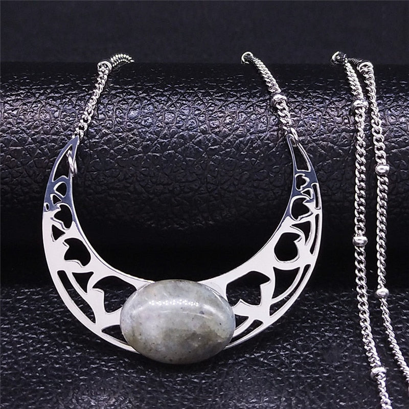 2023 Moon Moonstone Stainless Steel Chain Necklace Women Silver Color Pendants Necklaces Boho Jewelry bijoux femme N1129S04